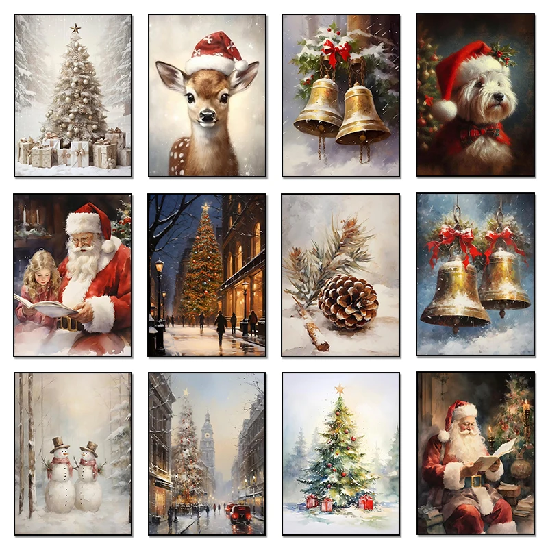 Winter Stadt Schnee Ansicht Schneemann Weihnachtsbaum Weihnachtsmann Weihnachten Poster Leinwand Gemälde Wand Kunst Bilder Home Decor