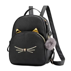 Travel Backpack Women Rucksack Teenagers 2023 Student School Bags for Girls Cartoon Cat PU Leather Satchel Black Shoulder Bag