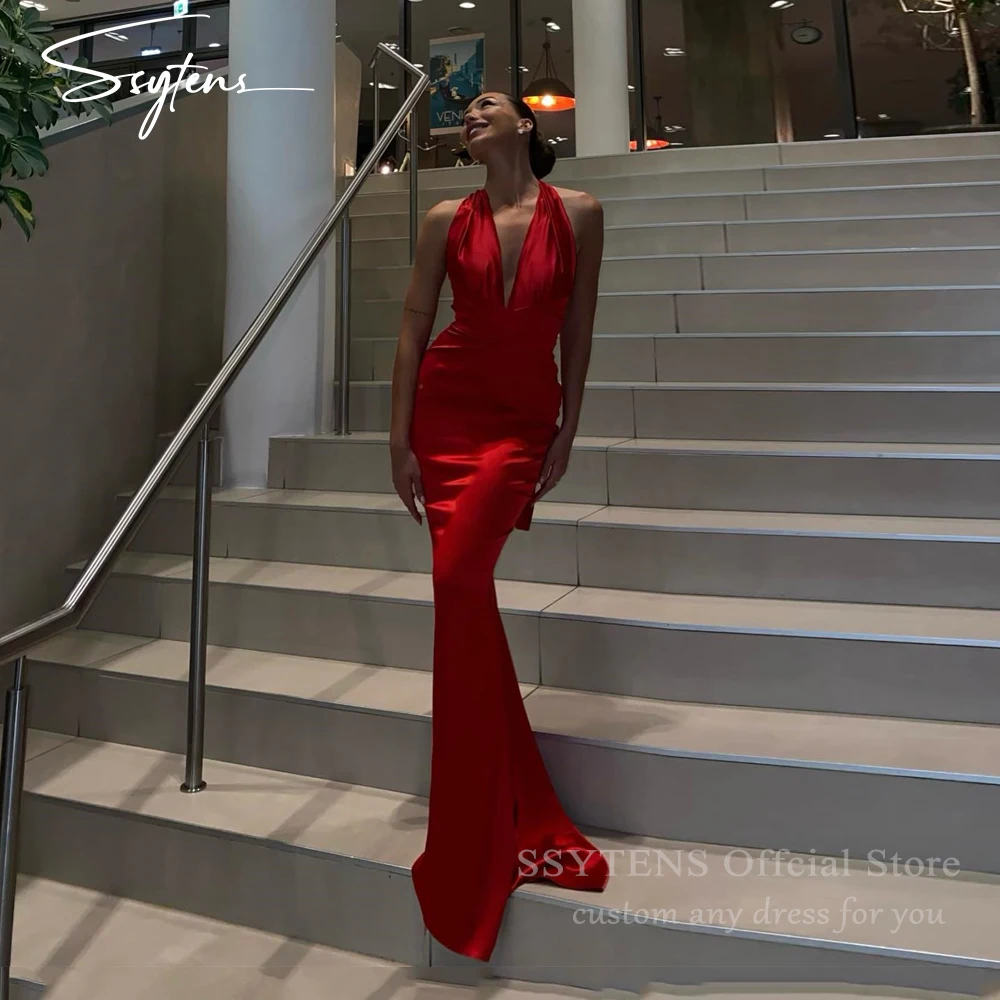 

SSYTENS Elegant Satin Mermaid Red Prom Dresses Sleeveless Halter Evening Dress Long Formal Party Gown Robe De Soirée Customized