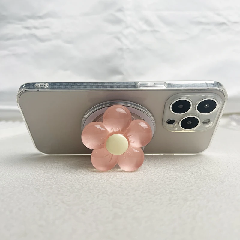 Magnetic Cute Floral Retractable Grip for Magsafe IPhone Transparent Resin Candy-Colored Flower Phone Holder Foldable Stand