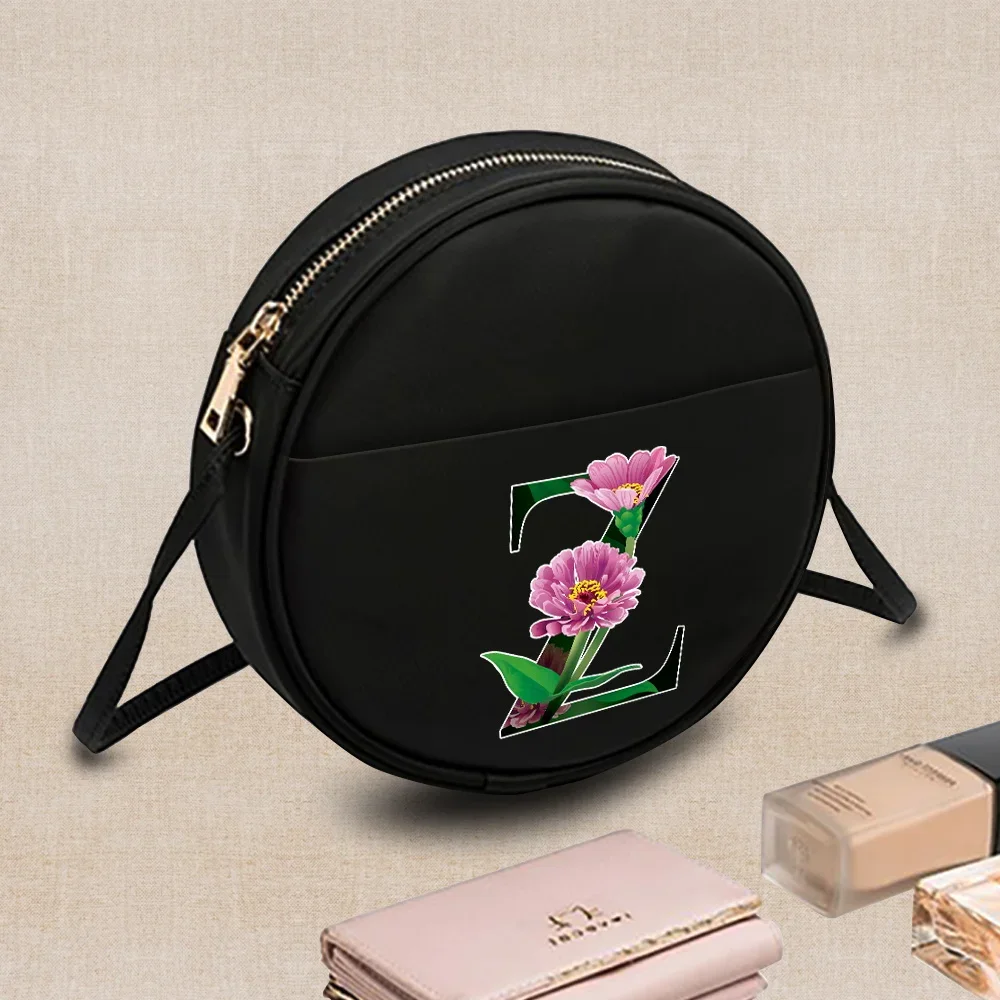 Women Round Crossbody Bag Pattern Flower Color Letter Printed Ladies Small Messenger Shoulder Bag Small Coin Purse Handbags