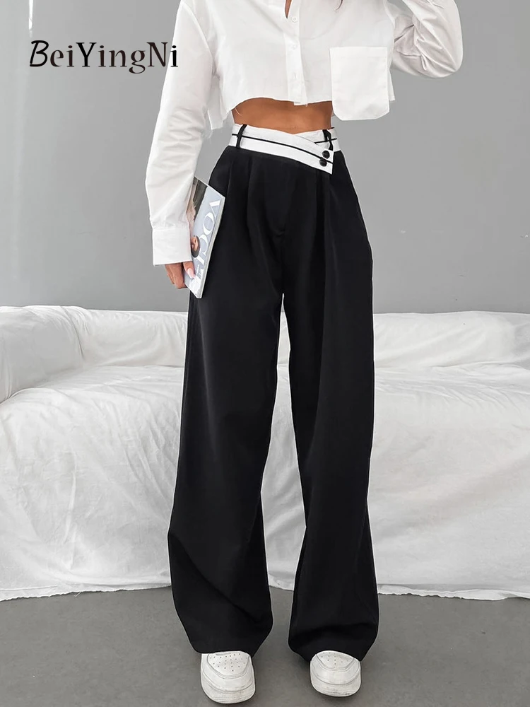 

Beiyingni 2025 Female Black Pants Spell Color Casual Office Ladies Suit Wide Leg Pants Loose High Street Women Trousers Clothing