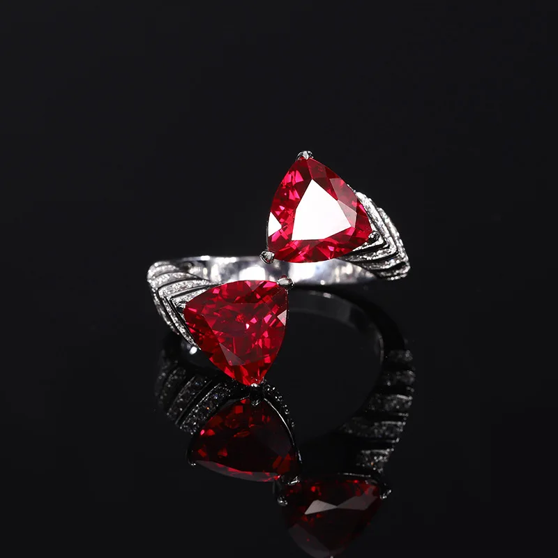 8*8mm Created Sapphire Ruby Red Emerald Green Triangle Gem Stone High Carbon Black Enamel Rings Women Designer Copper Jewelry