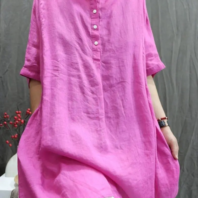 

Ethnic Retro Linen Loose Shirt Solid Color Embroidery Doll Shirt