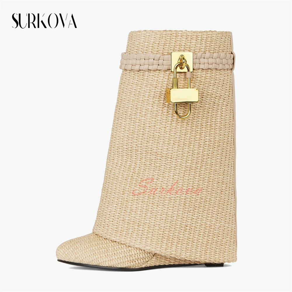 

Wedge Woven Trousers Boots Beige Point Toe High Heel Fashion Women's Boots Gold Metal Lock Short Boots Shark Boots Runway Shoes