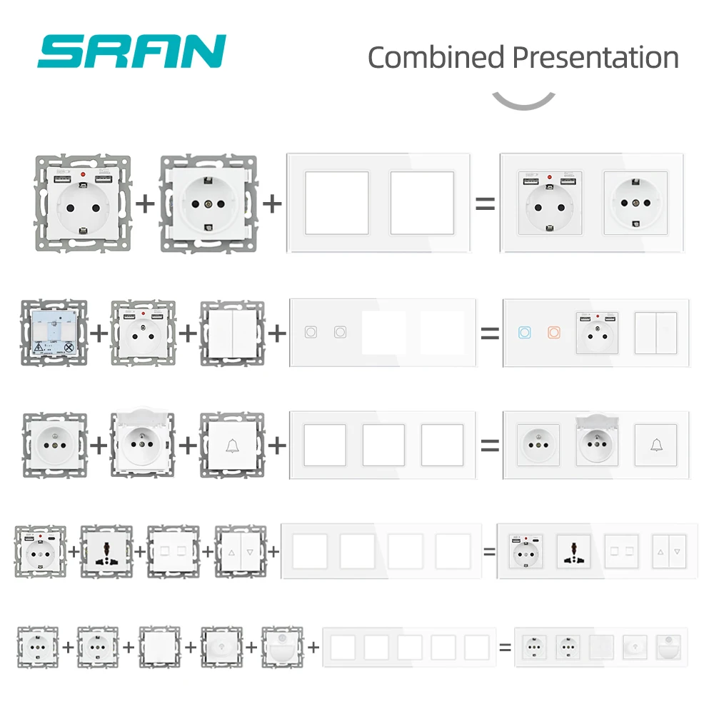 Pannello in vetro temperato grigio SRAN, presa a muro francese ue e interruttore della luce, presa con usb, modulo Rj45/TV/SAT fai da te