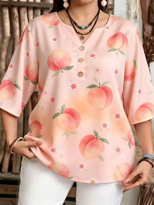 Watercolor Peach Daisy Cherry Blossom Print Top, Notch V Neck Decor Buttons 3/4 Sleeve Casual Spring Summer Daily Wear Blouse