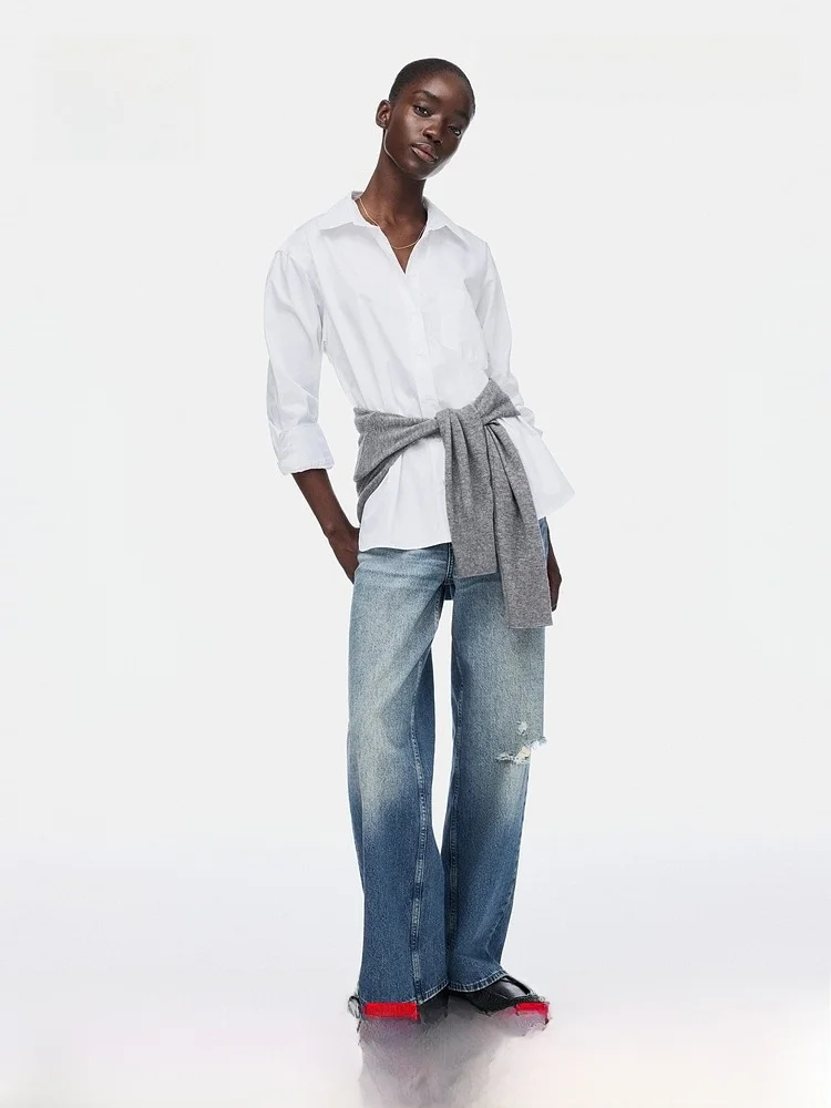 H&M Nueva Blusa de Verano para Mujer, Estilo Casual, Holgada, de Algodón, Manga Larga, con Botones y Bolsillos, Talla Grande, Premium