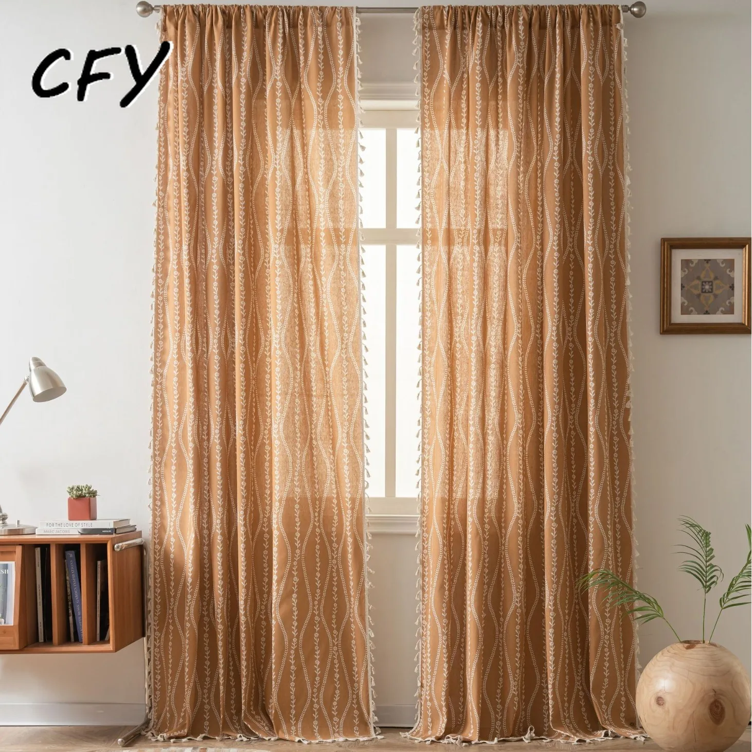 

Cotton Linen American stripes Tricolor Curve Tassels Semi-shading Home Decor Thick Kitchen Short Curtain for Living Room