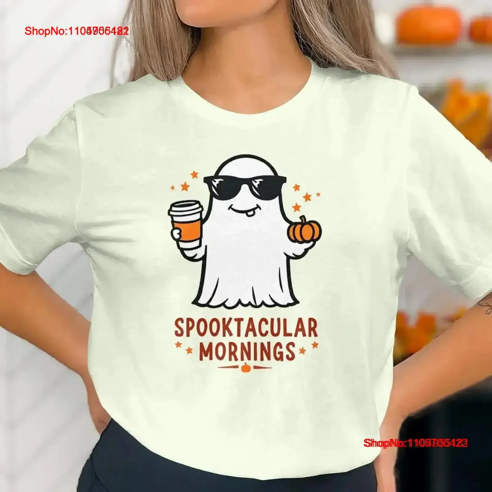 Футболка Spooktacular Mornings Ghost с забавным дизайном на Хэллоуин, с изображением кофе и тыквы, винтажная, с эффектом потертости, дизайнерская одежда