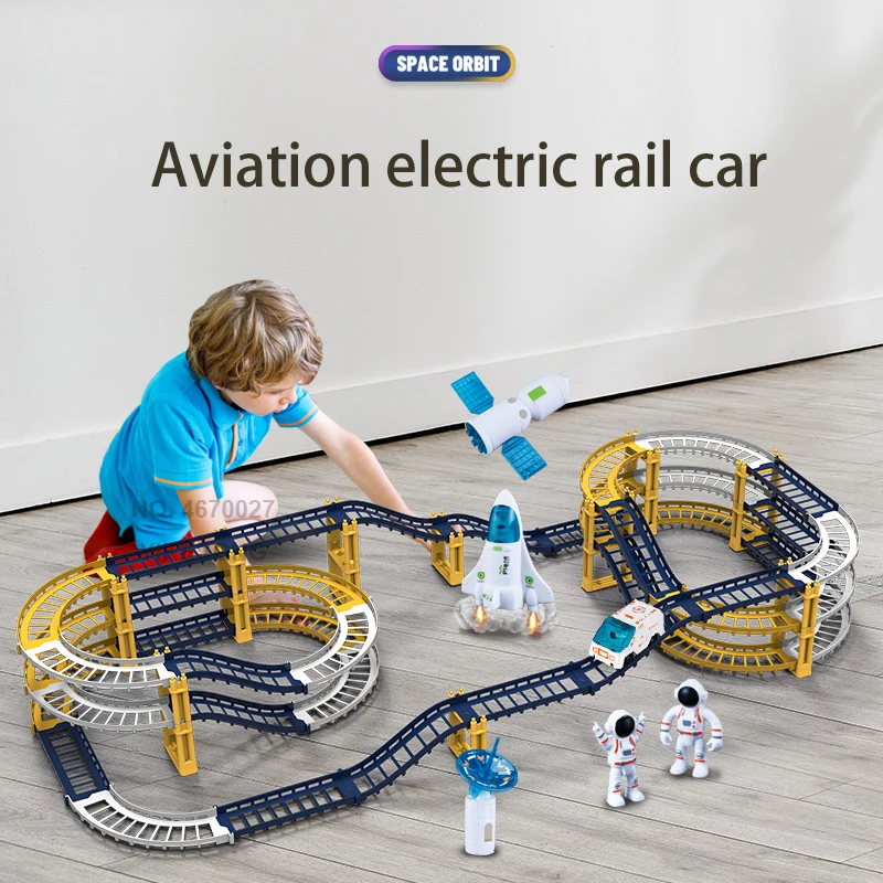 32-78pcs Children Electric Track Toy Car Engineering Kids Educational Astronaut Space Satellite Flexible Train for Birthday Gift