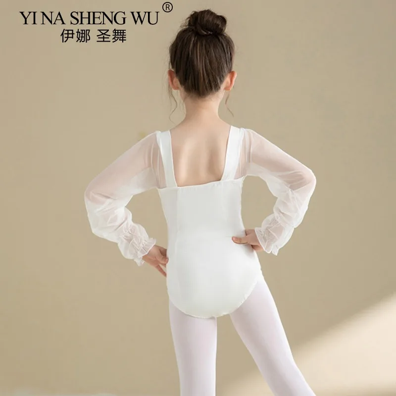 ربيع لطيف الطفل طفل الباليه طويلة الأكمام يوتار Dancewear شبكة كم الأبيض رياضة الرقص ارتداءها القمم الفتيات راقصة ازياء #3