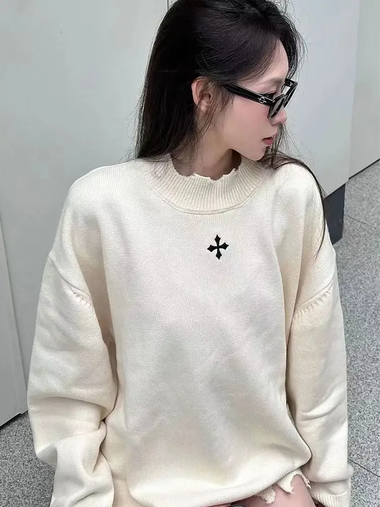 Harajuku Grunge Cross Sweaters Women Vintage Kpop Ripped Hole Knitted Jumper Oversized Casual Pullover Y2K Streetwear