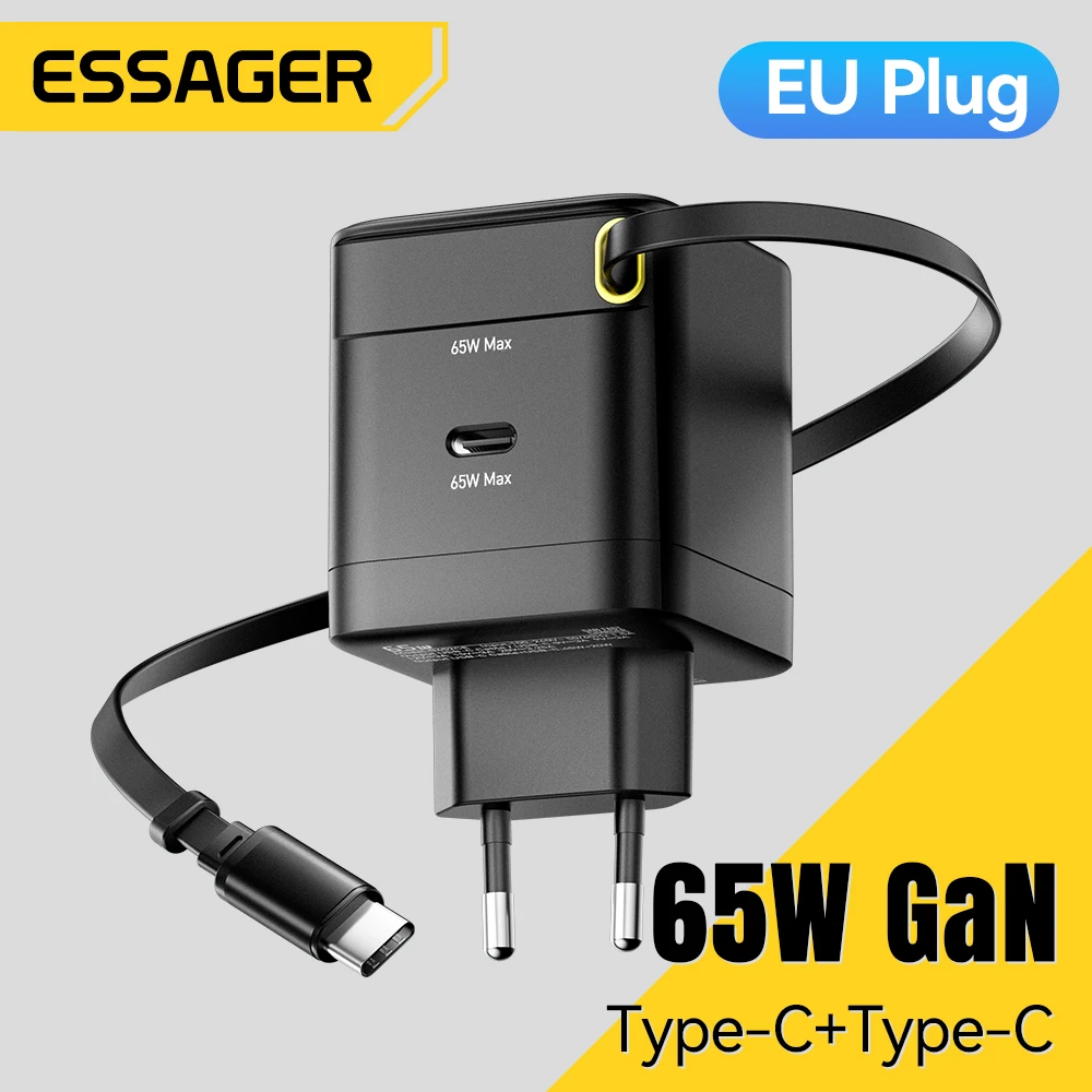 Essager 65W GaN Charger With Retractable Flexible Cable Quick Charge For Laptop Tablet iPhone 16 15 ipad Macbook Type-C Charger