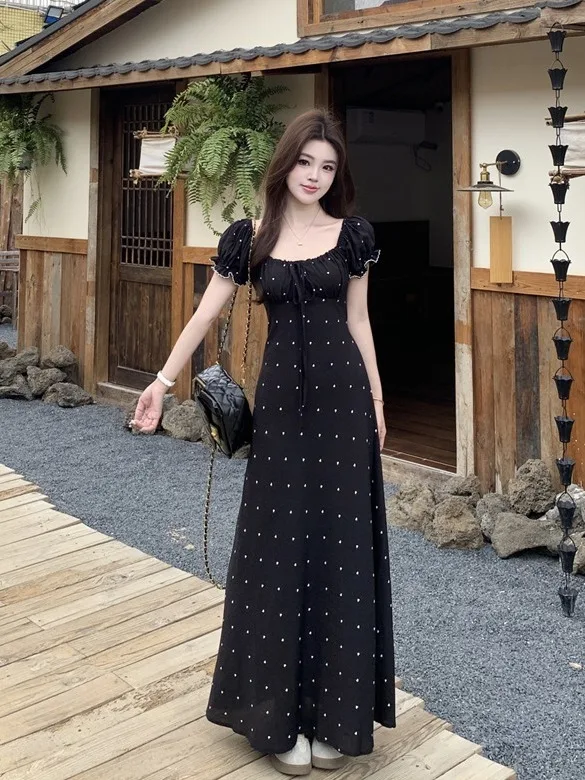 

Новое летнее женское платье больших размеров в горошек с квадратным вырезом и коротким рукавом, приталенное, А-силуэт, длинное, в корейском стиле, облегающее
