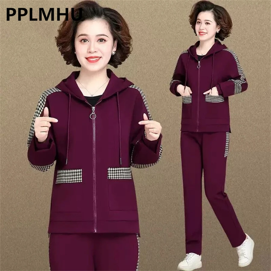 Oversized 80kg Casual 2 Piece Set Plaid Patchwork Hooded Sweatshirt Outfit Straight Pant Suit Spring Fall Korean Woman Tracksuit