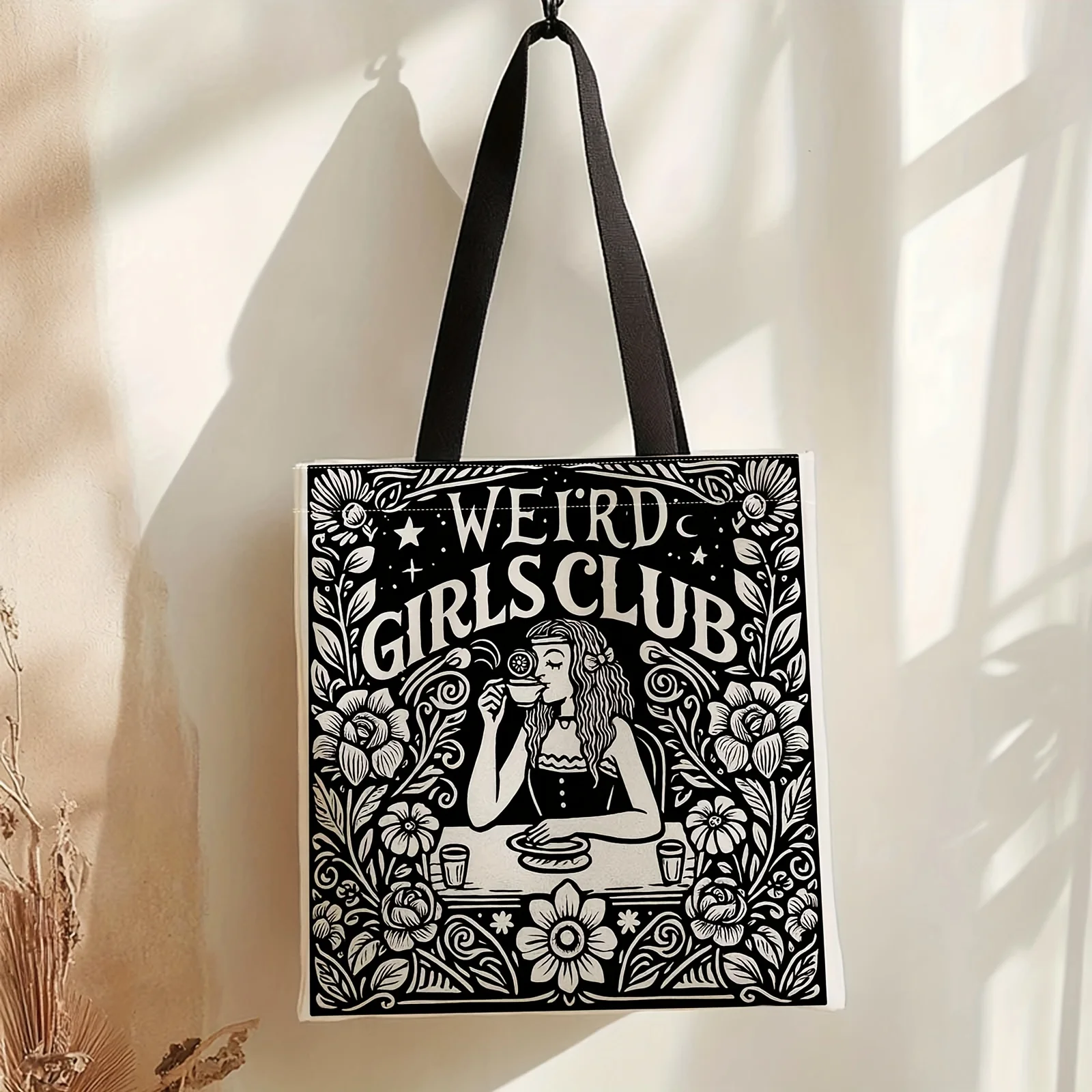

Weird Girls Club Teenager'S Tote Bag - & Vintage Floral Print with "We're Girls Club" Text, Durable Shoulder Bag for Travel