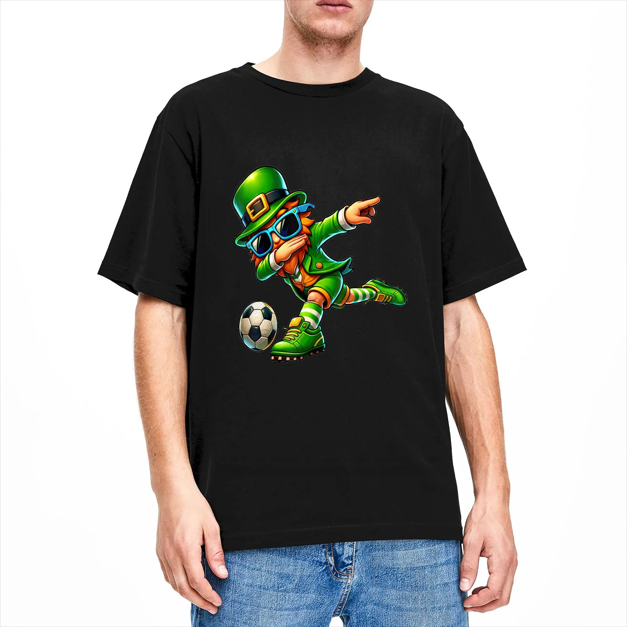 Men's Funny Leprechaun Playing Soccer St Patrick Day T Shirt Cotton Clothing Vintage Short Sleeve Crew Neck Tees Unique T-Shirt