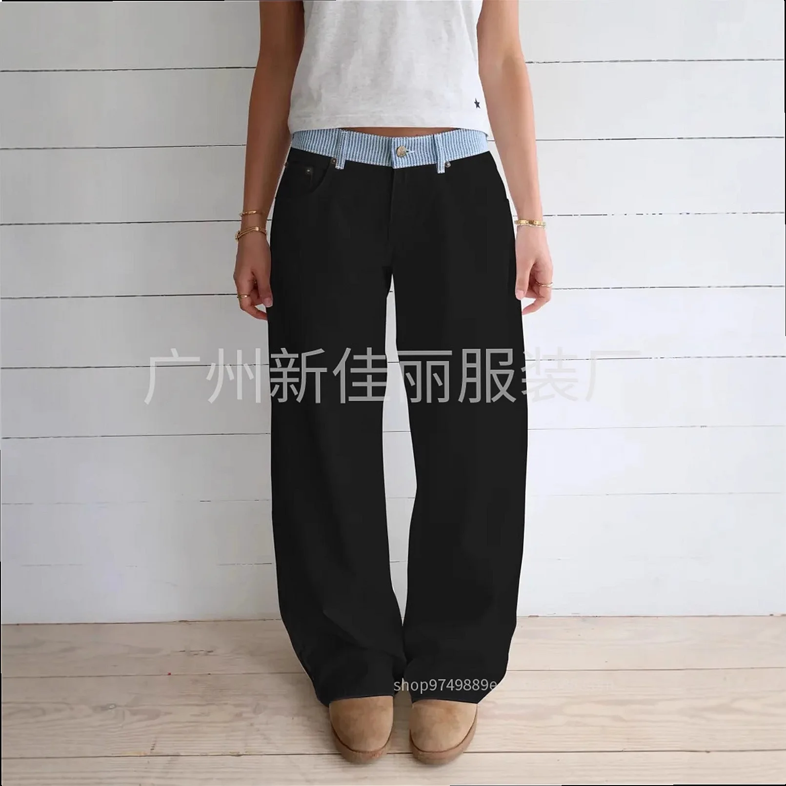 Spring Summer Contrast Letter Webbing Trim Straight Casual Pants Denim Jeans