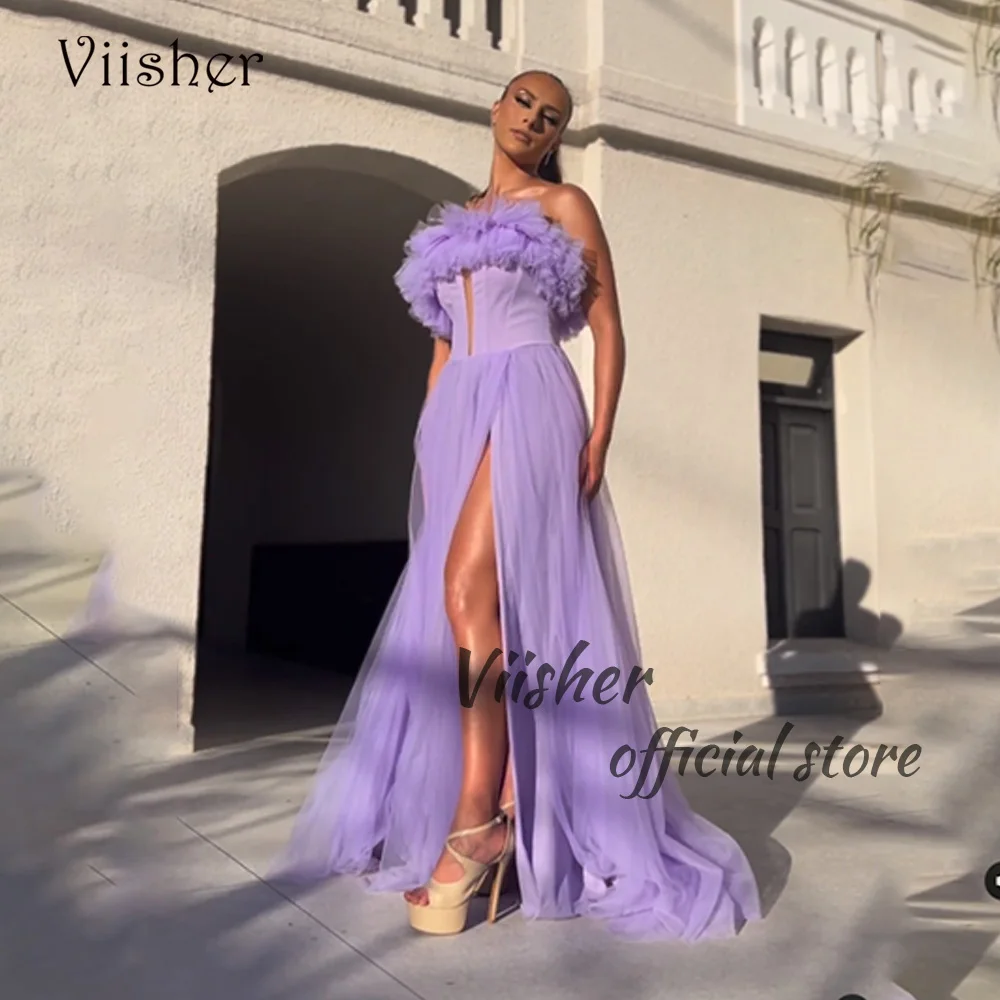 

Viisher Lavender Tulle A Line Evening Party Dresses with Slit Pleats Strapless Formal Prom Dress Floor Length Party Gowns