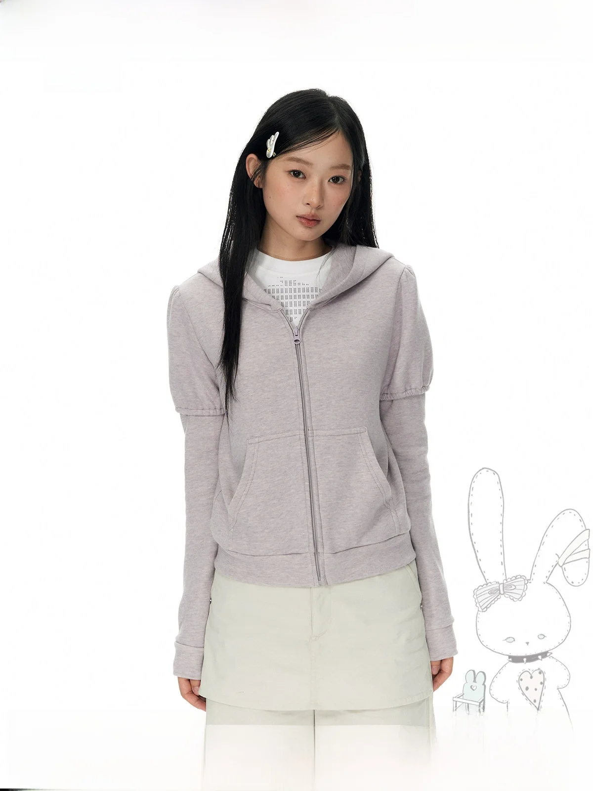 YUPH Purple Bubble Sleeve Color Thread Jacket Slim Short Zipper Pocket Hoodie Women's Fashion Spring Autumn 2026