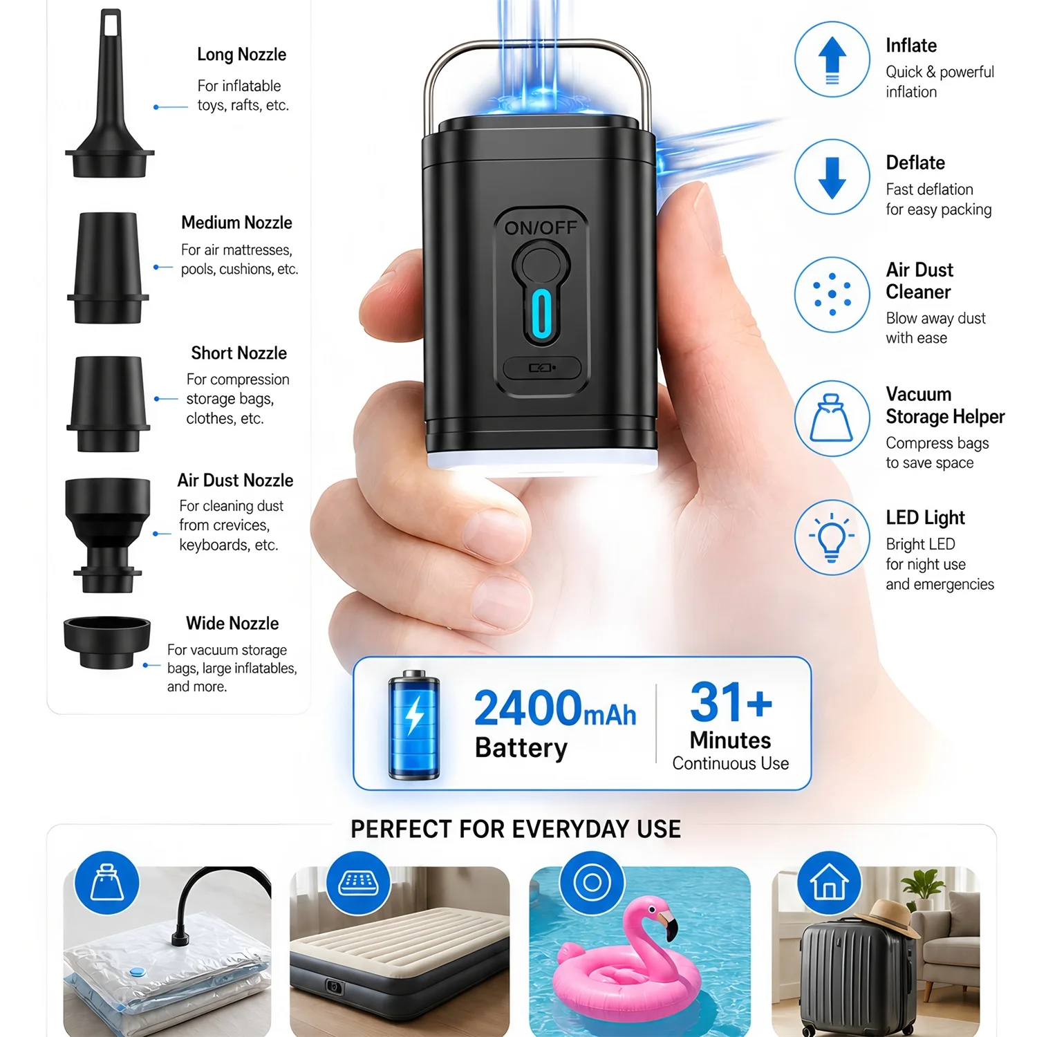 Portable Electric Air Pump Inflate Deflate LED Lighting Multifunctional Inflator Tool for Outdoor Camping Air Mattress Air Bed view 5