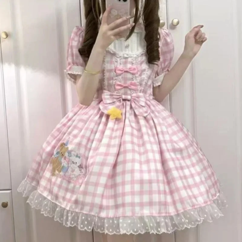 

Bunny Dresses Y2K Sweet Pink Lolita Bear Embroidery OP With Lace Bows Soft Girl Y2K Fairycore Puff Sleeve Outfit (No Headband)