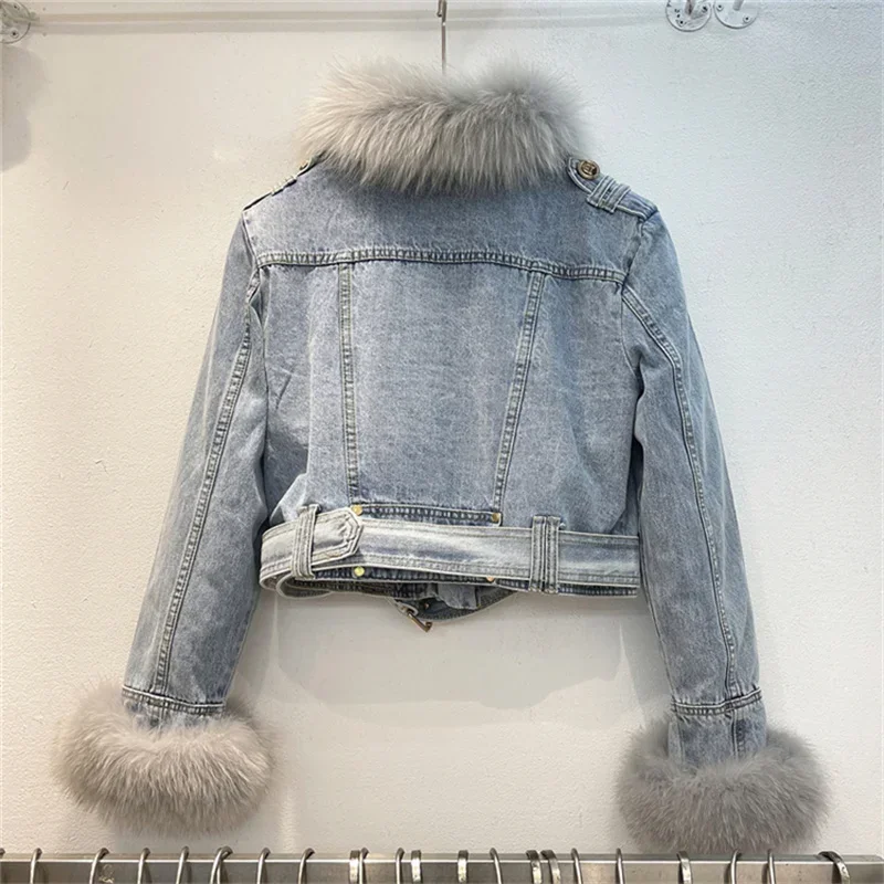 Detachable Fox Fur Collar Rabbit Fur Liner Denim Jacket Women Cowboy Outwear Vintage Blue Winter Loose Short Jeans Jacket Female