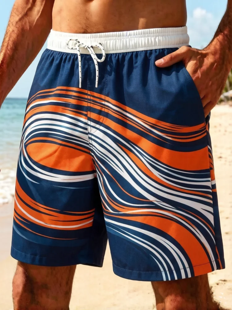 

Plus Size Mens Abstract Swirl Stripe Print Drawstring Beach Shorts Elastic Waist Side Pockets Swim Trunks