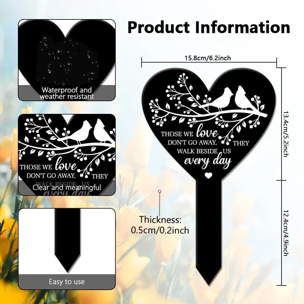 Estaca de jardim em formato de coração, ramo de pássaro, placa memorial de lembrança para cemitério, acrílico, à prova d'água, simpatia, estacas de jardim