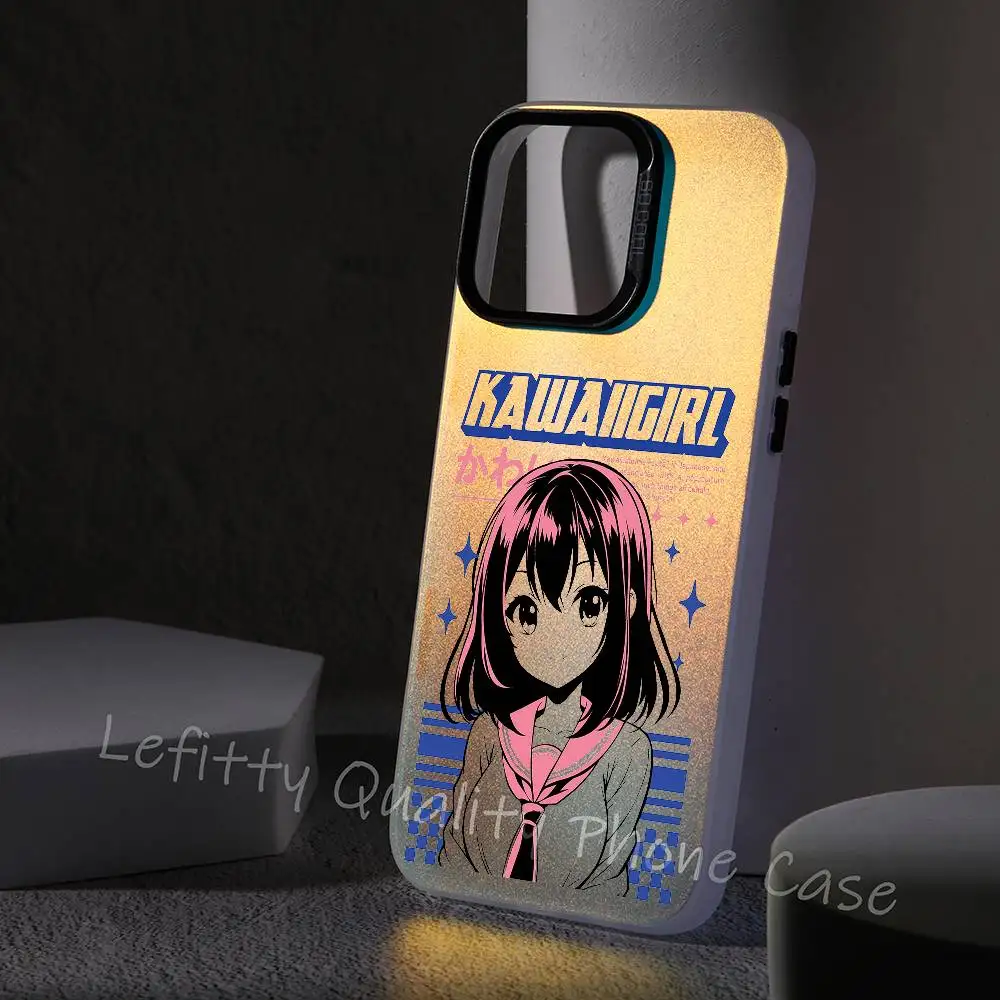 

Anime Girl Kawaii On y2k Phone Case Laser Metallic For iPhone 16 15 14 13 12 11 Pro Max Matte Aurora Multicolor gradient Cover