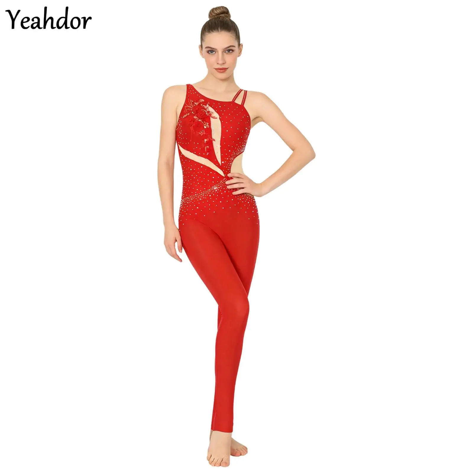 

Women Ballet Dance Leotard Rhinestones Gymnastics Jumpsuit Applique Asymmetrical Shoulder Backless Legging Skating Full Bodysuit