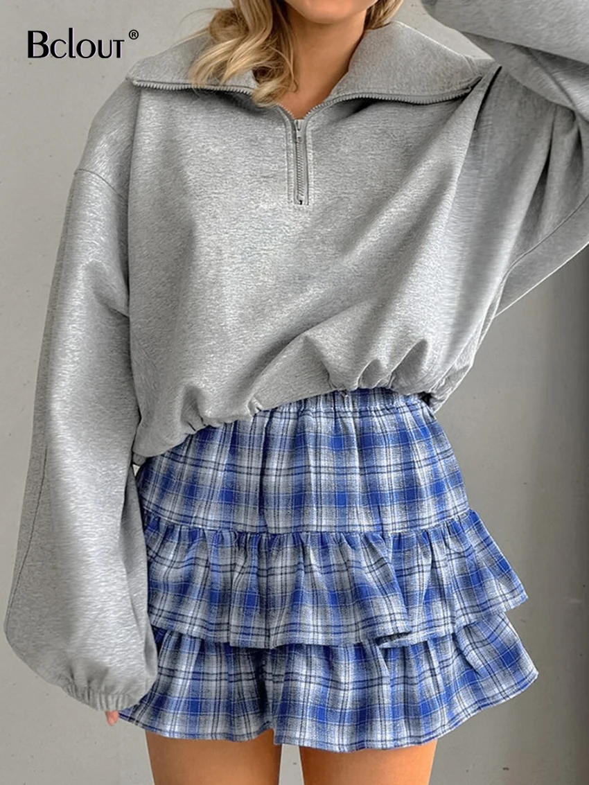 

Bclout Autumn Plaid Blue Skirts Women Fashion Cotton Elastic Waist Ruffled Skirts Casual Loose A-Line Skirts Female 2024 Vintage