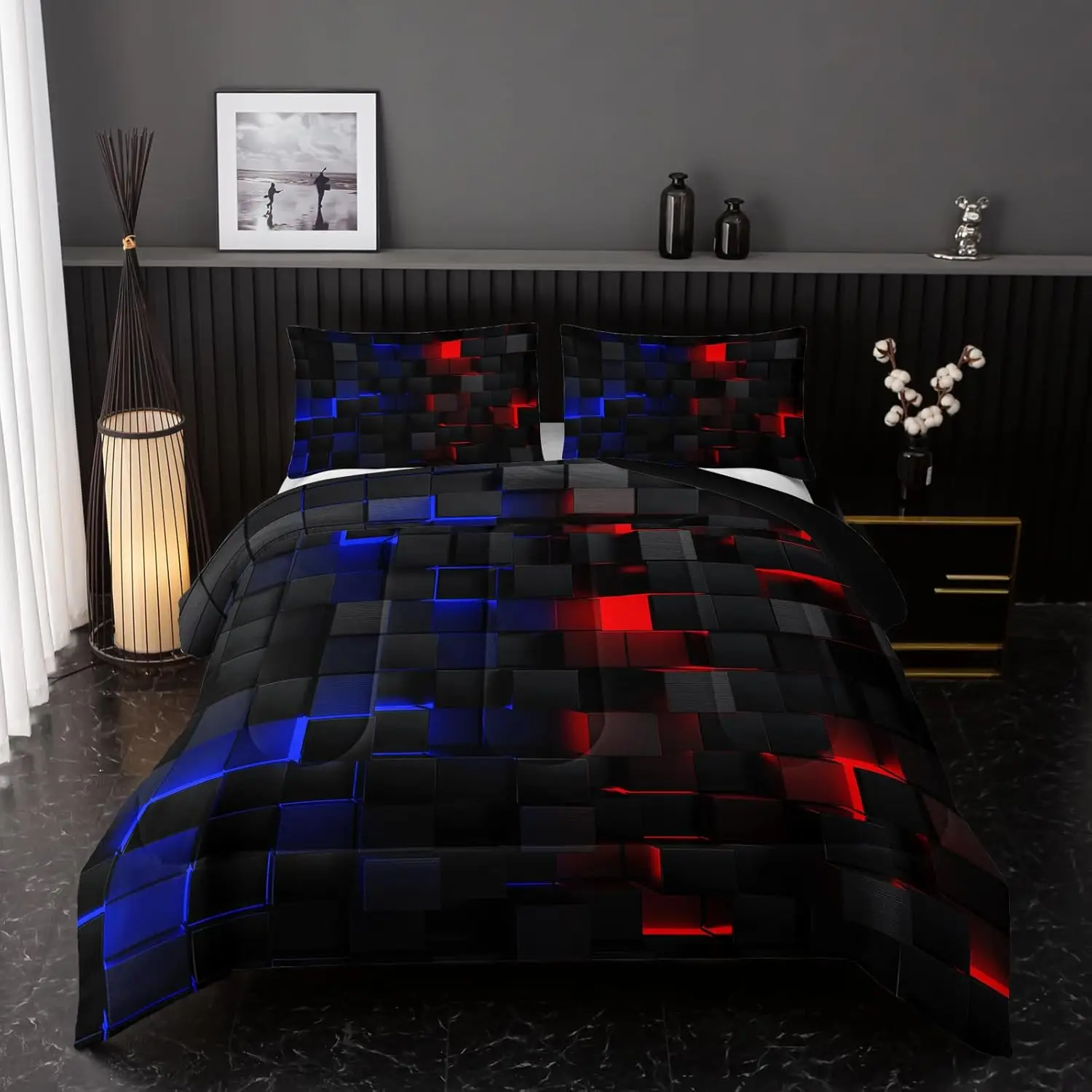 

Neon Red Blue Comforter Set Geometric Kids Bedding Set 1 Comforter 2 Pillow Cases Cool Room Decor All Season B-Side Black
