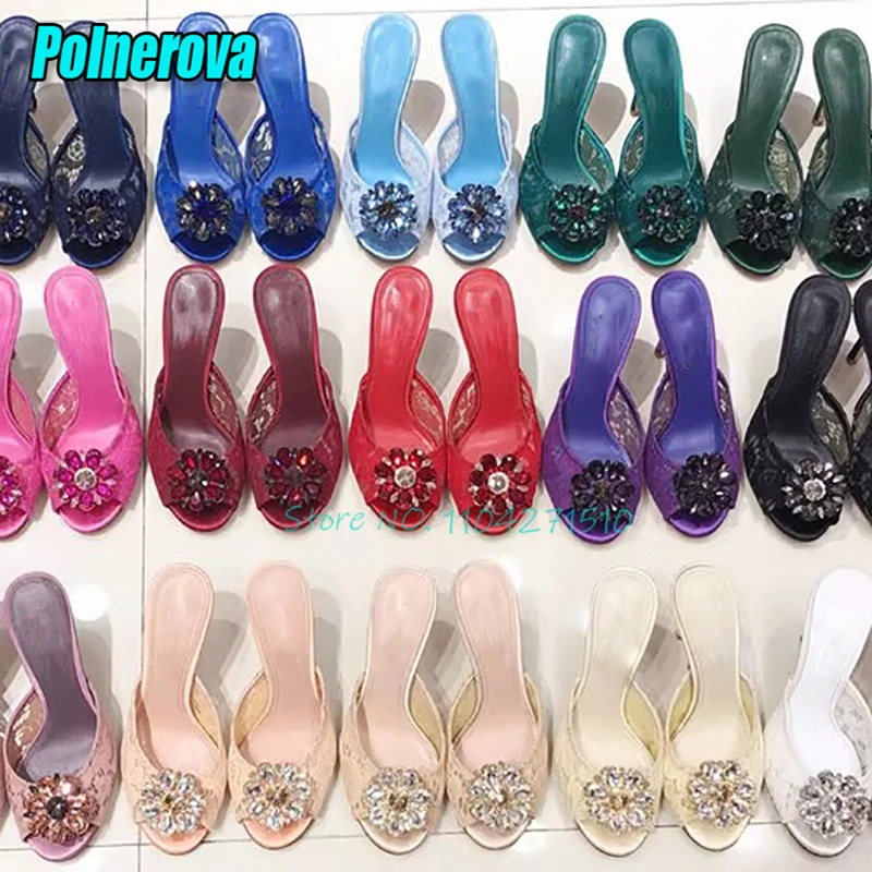 

Women's Mesh Lace Crystal Flower Slippers Sexy Open Toe Rhinestone 9CM High Heels Summer Elegant Banquet Party Wedding Shoes