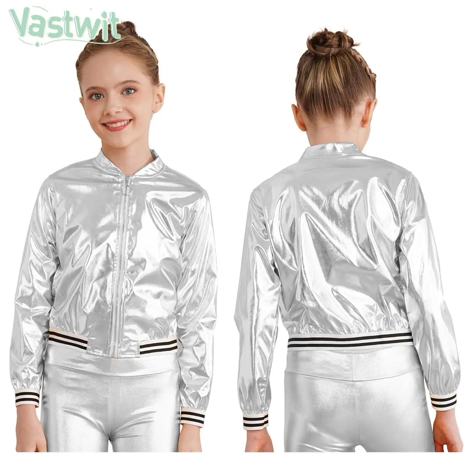 Children Girls Long Sleeve Spring Autumn Fashion Jacket Coat Bronzing Cloth Outerwear for Hip-hop Jazz Street Dance Streetwear