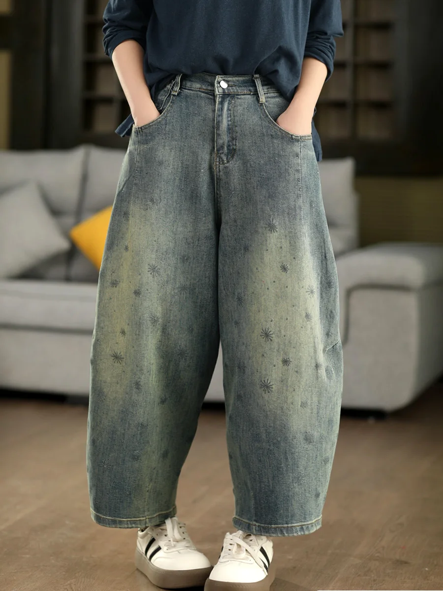 

Модные женские джинсы с высокой талией и вышивкой, свободного кроя, весенние, повседневные, в стиле Harlan, с эффектом потертости