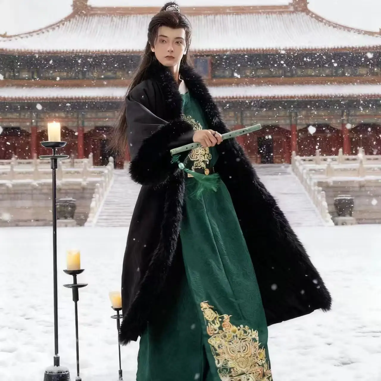 Winter Thicken Hanfu Cloak Men's Traditional Chinese Plush Collar Long Robe Palace Style Carnival Event Snow Cape Male Cloak - Image 3