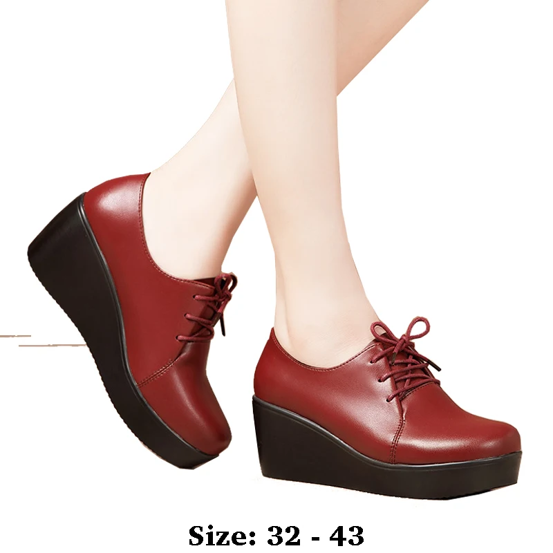

high quality leather wedge shoe for women 6cm high heel platform round toe 32 33 43 elegant work autumn winter shoe black red