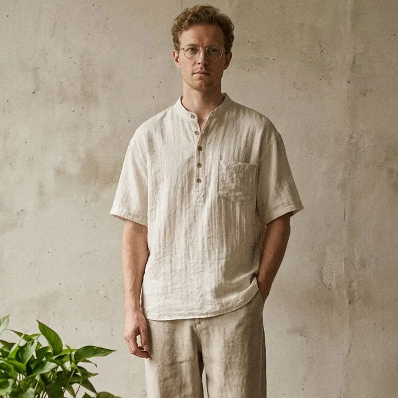 

Summer Men Short Sleeve Henley Shirt Japanese Style Comfortable Stand Up Collar Loose Half-Placket Vacation Thin Pullover Shirt