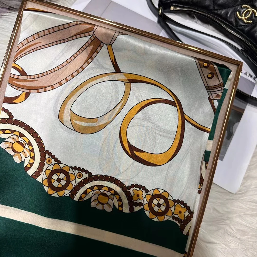 BYSIFA|Green White Ladies 100% Silk Scarf Fall Winter Brand Chain Design Large Scarves Shawls Fashion Summer Beach Cape 110*110