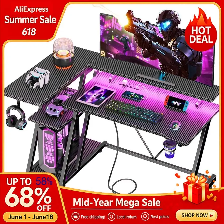

40 Inch Gaming Desk Power Outlet LED Lights, L Shaped Computer Gaming Table 3 Tiers Storage Shelves, Corner Gamer Desk, Custom