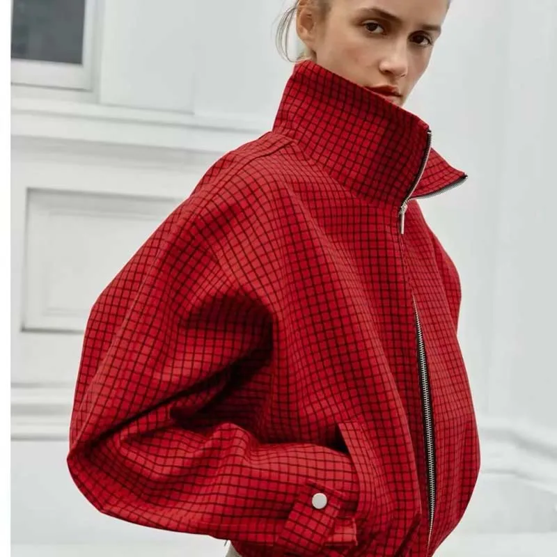 Red Plaid Jacket For Women Loose Stand Collar Zipper Up Casual Streetwear Tops Vintage Bomber Coats 2026 Spring Autumn Jackets