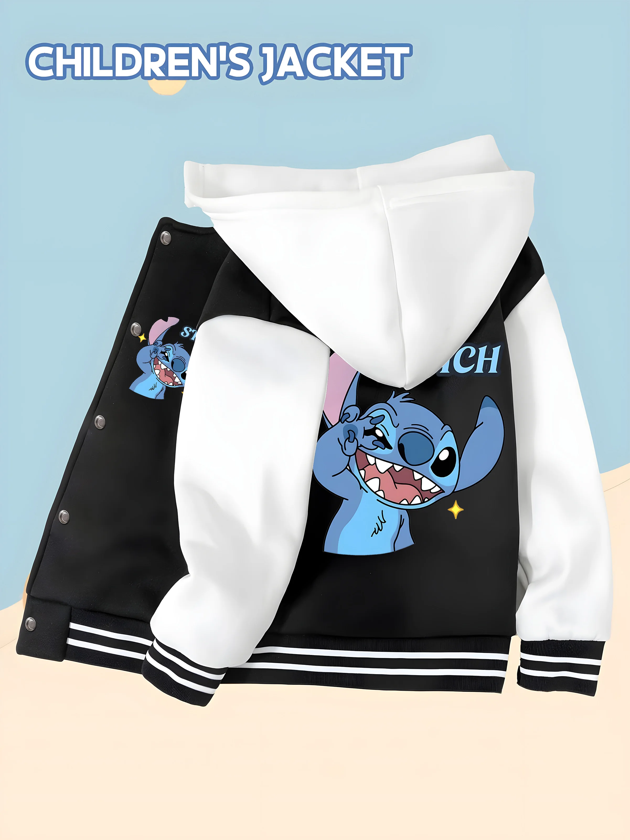 

MINISO Disney Boys' Baseball Jacket - Stitch "Funny and Cool" Style, double-sided Stitch print, trendy, versatile school wear。