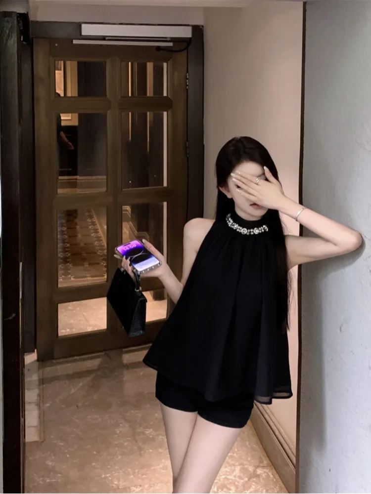 

Faionable Pure Series Spicy Girl Heavy Du Rhinestone Svel Hanging Ne Top Winter High End Bla Elegance Chiffon S...