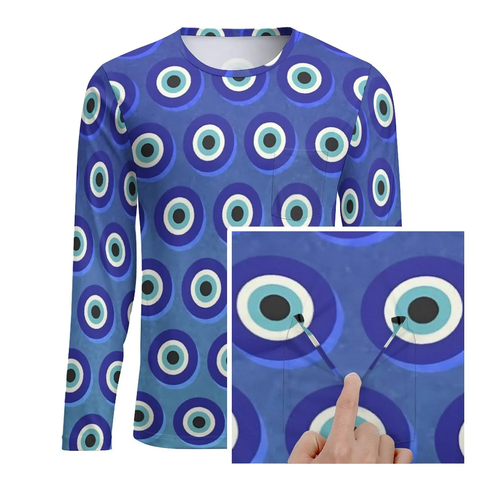 Evil Eye T-Shirt With Pockets Blue Eyes Print Popular T Shirts Couple Fun Tshirt Long Sleeve Custom Tops Plus Size