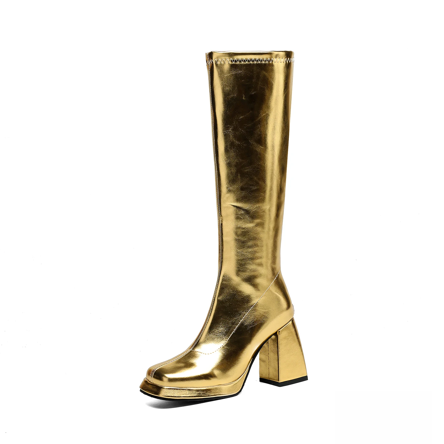

Women Platform Boots Knee High with Block Heels Shoes Gold Silver Back Zipper Sung Fit Party Tall Booties Size 32-46