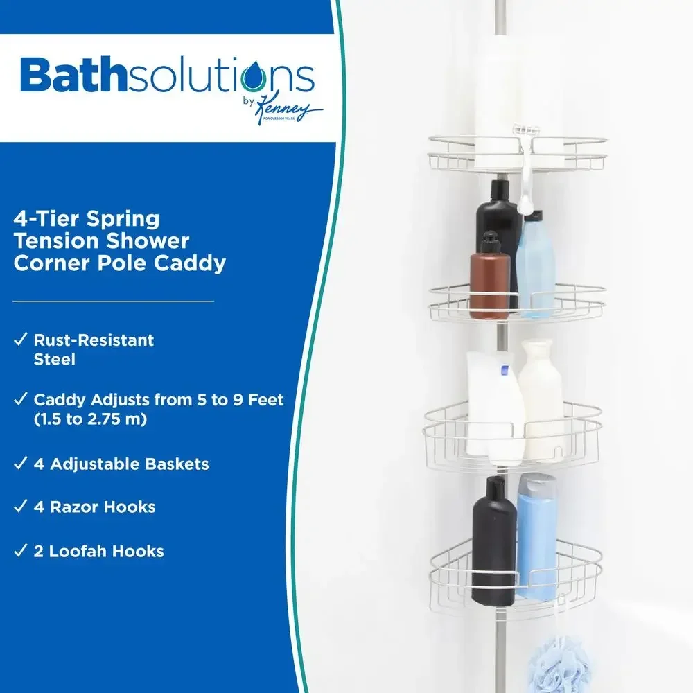 

4-Tier Adjustable Shower Corner Pole Caddy with Razor Holder Rust-Resistant Wire Basket Shelves Easy Installation Fits 5-9ft