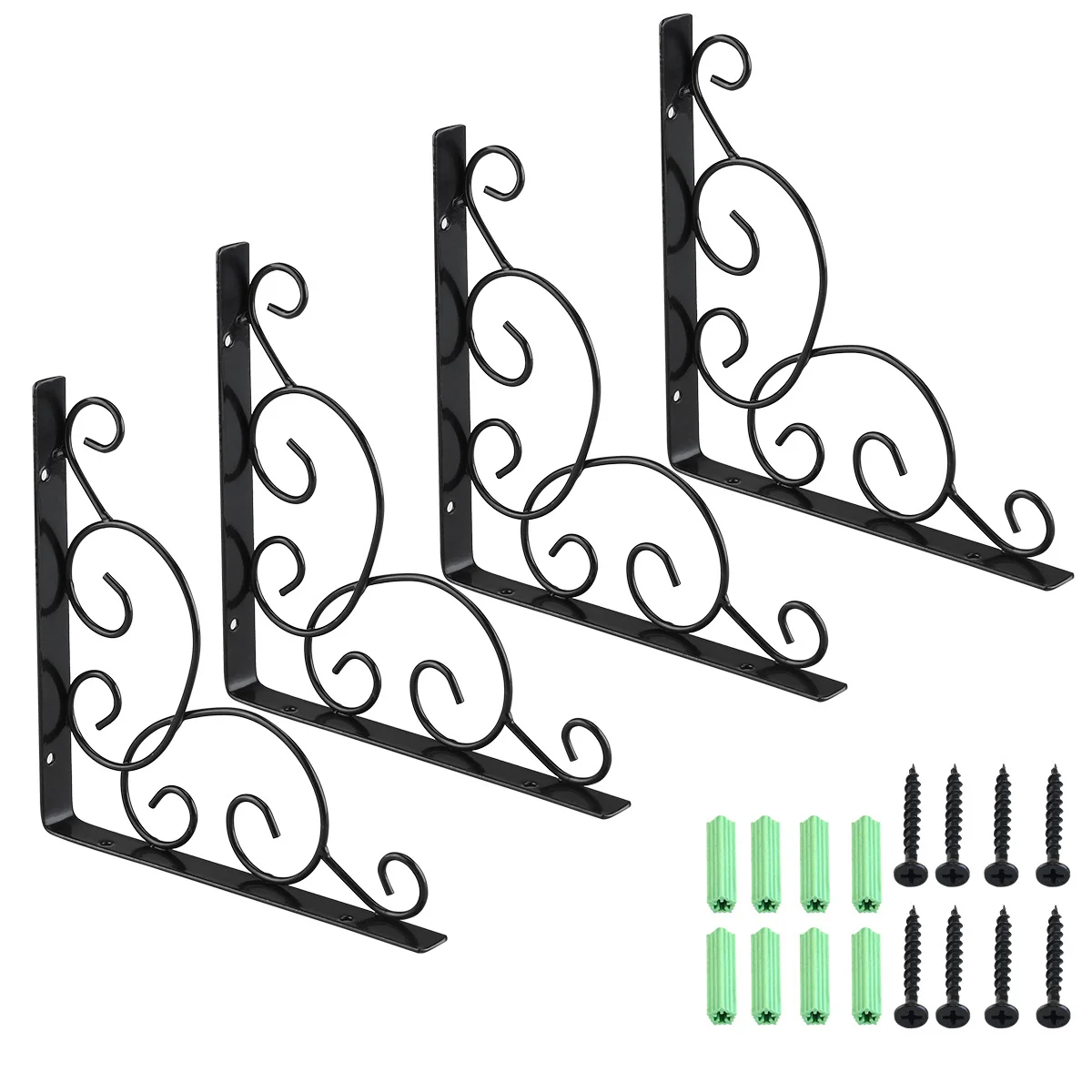 

4Pcs Wall Mounted Iron Shelf Brackets Black Floral Pattern Triangular Design Sturdy Bookrack Clapboard Set Box Support