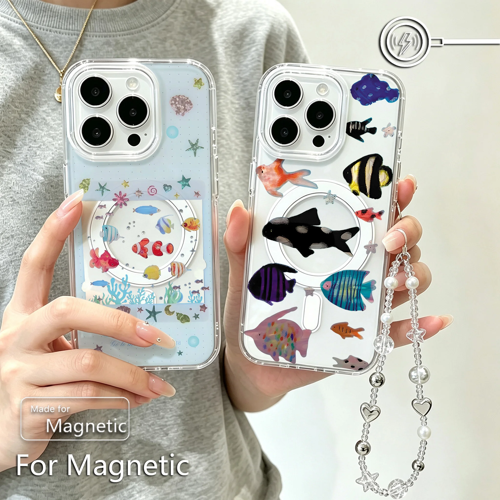 Korean Whimsical Seafish  Magnetic Phone Case for Samsung Galaxy S25 S24 S23 S22 S21 S20 FE Edge Plus Ultra 5G Soft Clear TPU